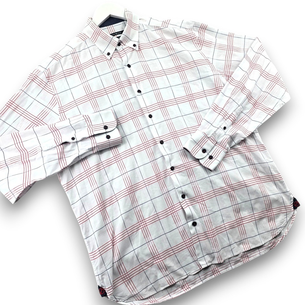 Hammer Made Mens Shirt XL 17.5 White Red Blue Grid Check Italian Fabric Limited